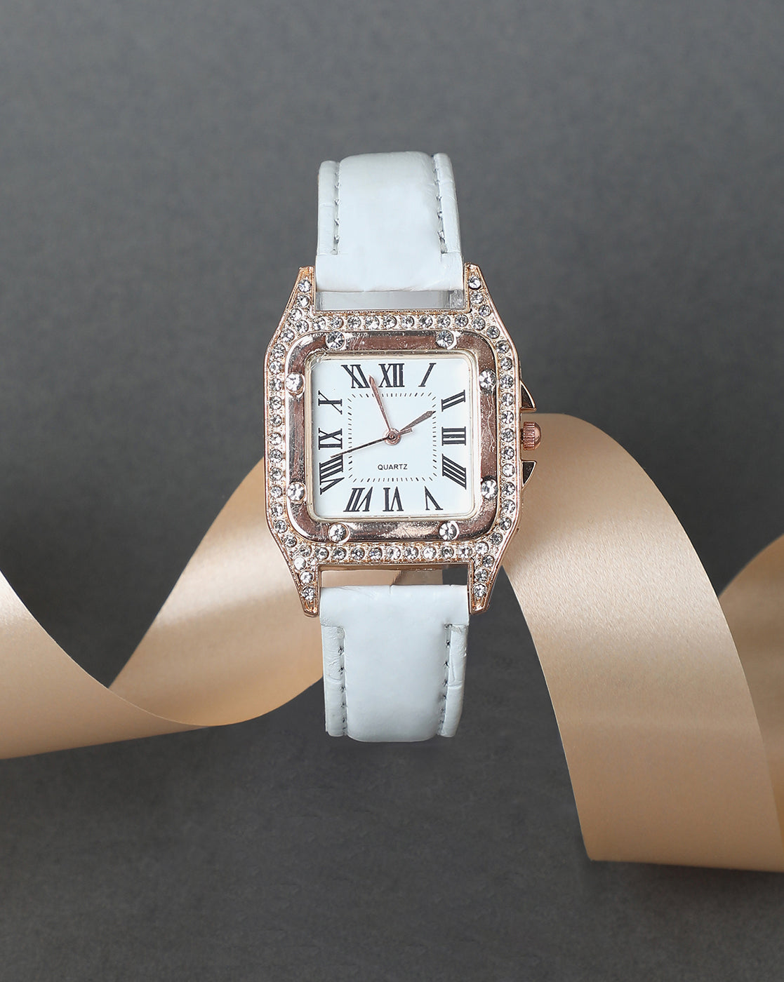 White & Gold Crystal Stone Analog Square Dial With Black Roman Hour Markers & White Leather Strap