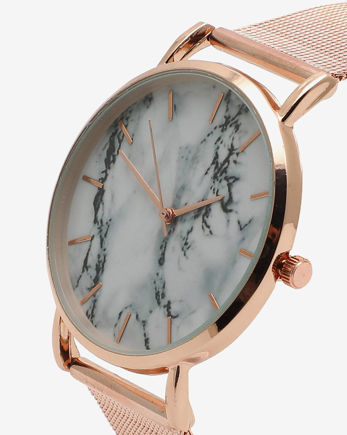 White Marble Analog Round Dial With Gold Metal Mesh Strap