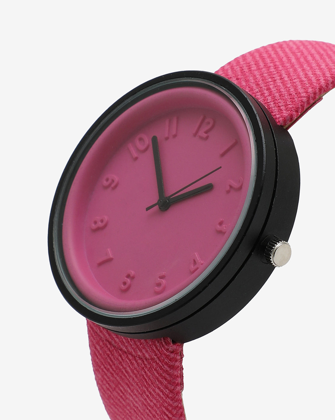 Pink & Black Analog Round Dial With Black Hour Marker & Pink Canvas Strap