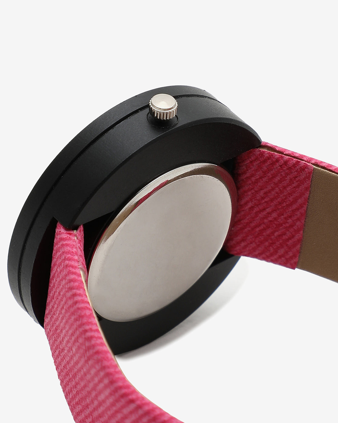 PINK AND BLACK ANALOG ROUND DIAL WITH BLACK HOUR MARKER AND PINK CANVAS STRAP