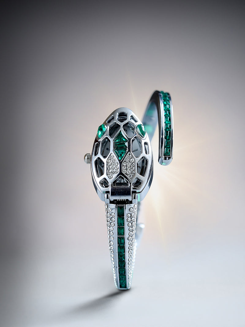 The Luxe Crystal Watch - Emerald Silver