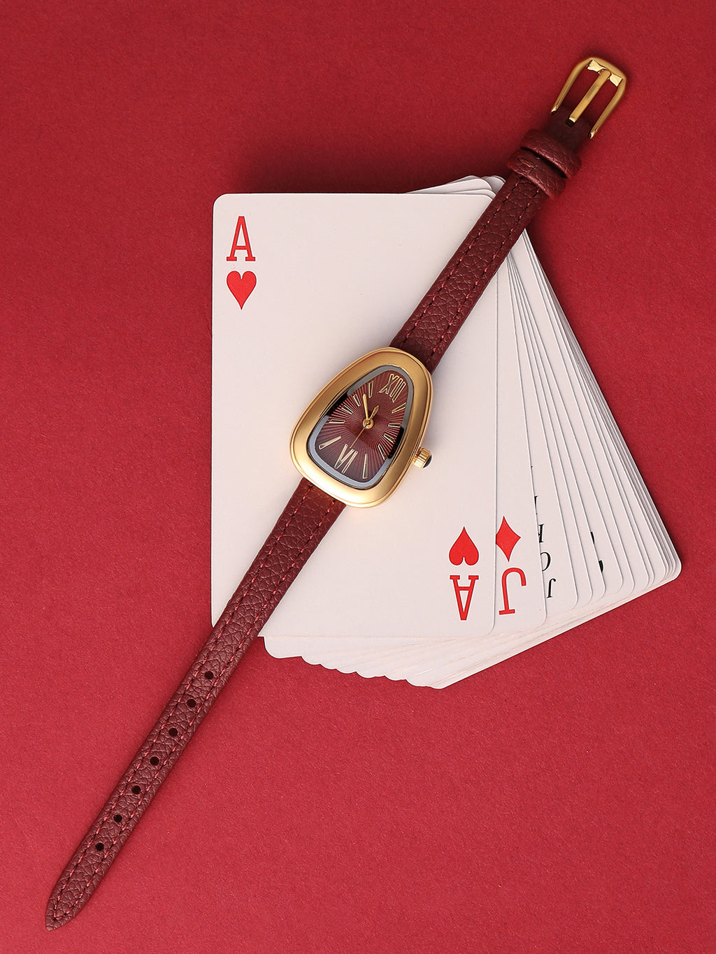 The Sunray Oval Watch - Burgundy Red