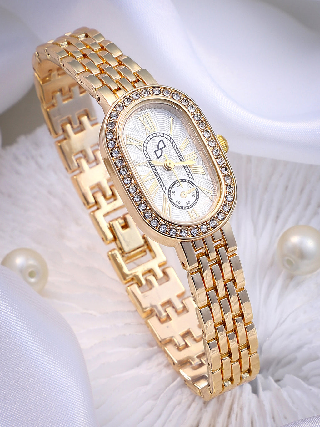 The Embellished Roman Oval Watch - Ivory White