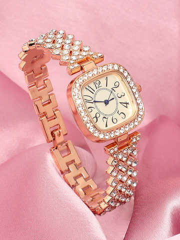 Embellished Square Watch - Rose Gold