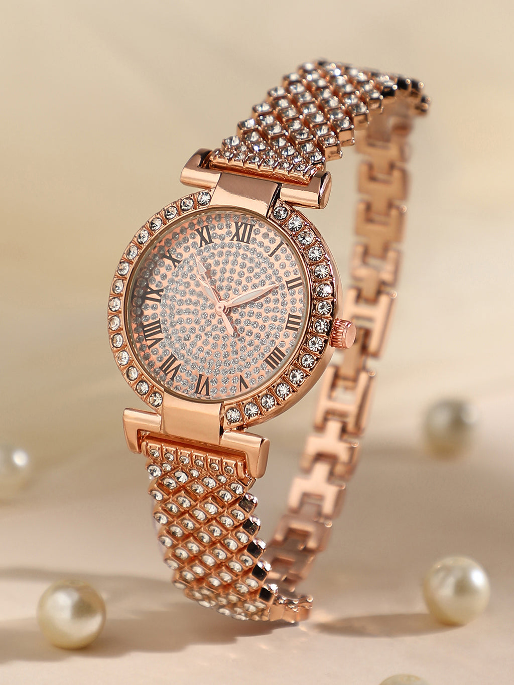 Embellished Round Watch - Rose Gold