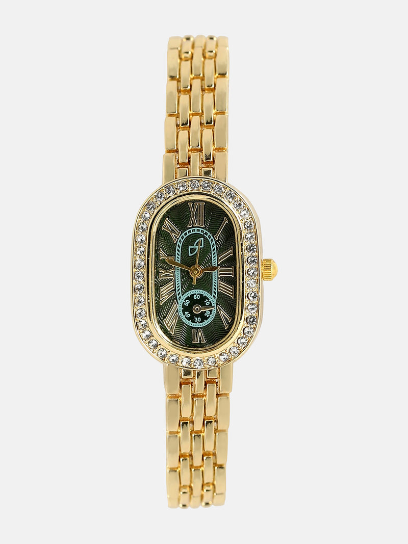 The Embellished Roman Oval Watch - Emerald Green