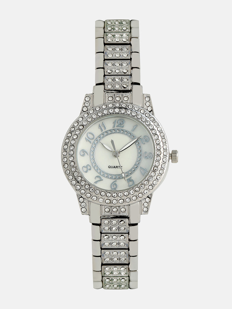 Embellished Round Watch - Silver