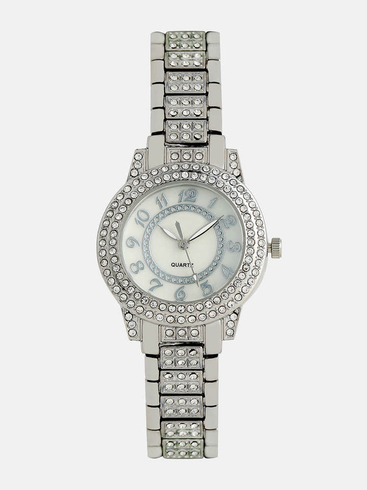 Embellished Round Watch - Silver