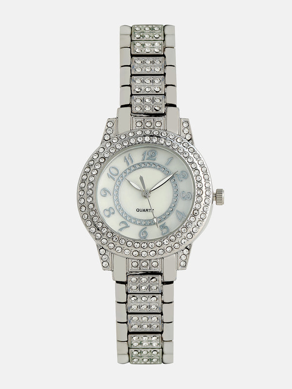 Embellished Round Watch - Silver