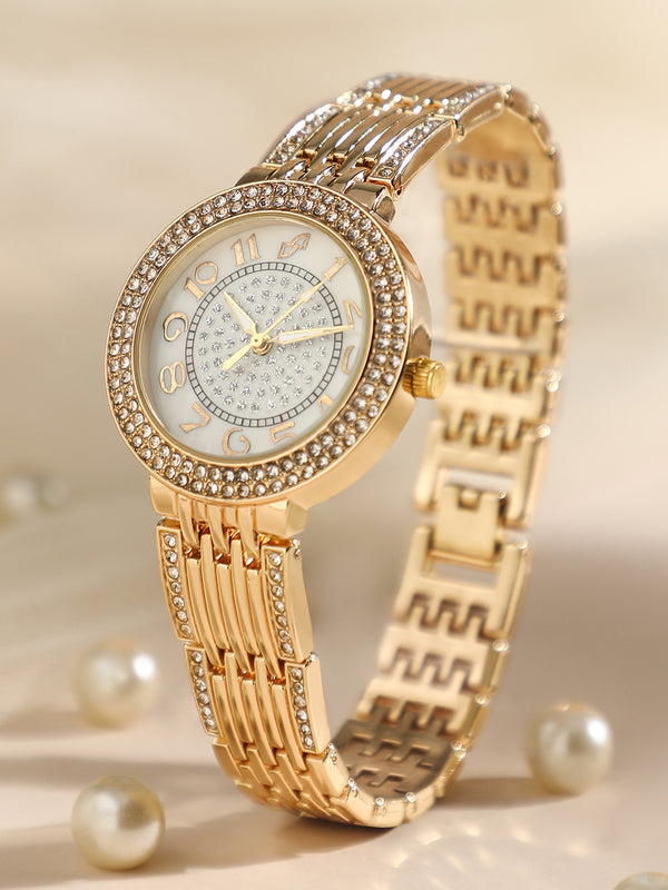 Embellished Round Watch - Gold