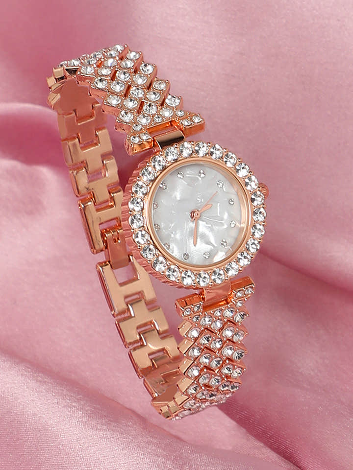 Embellished Round Watch - Rose Gold