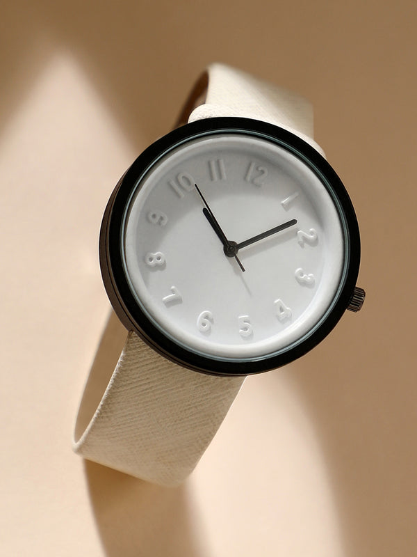 White & Black Analog Round Dial With Black Hour Marker & White Leather Strap