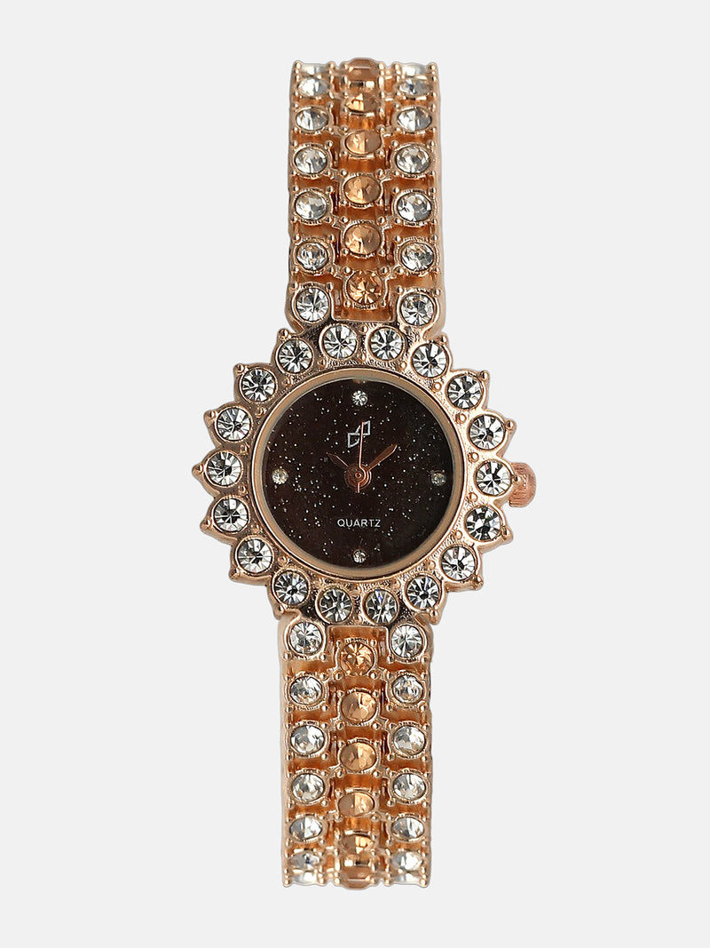 Embellished Round Watch - Rose Gold