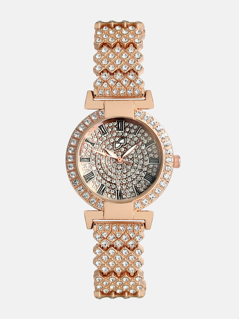 Embellished Round Watch - Rose Gold