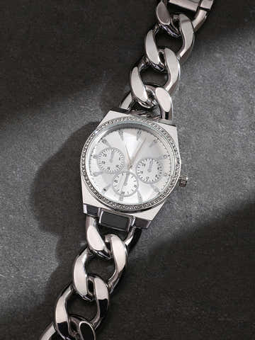The Three-Dial Chunkylink Cushion Watch - Metallic Silver