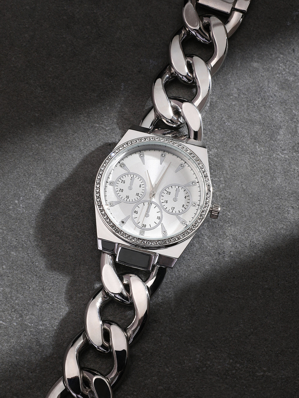 The Three-Dial Chunkylink Cushion Watch - Metallic Silver