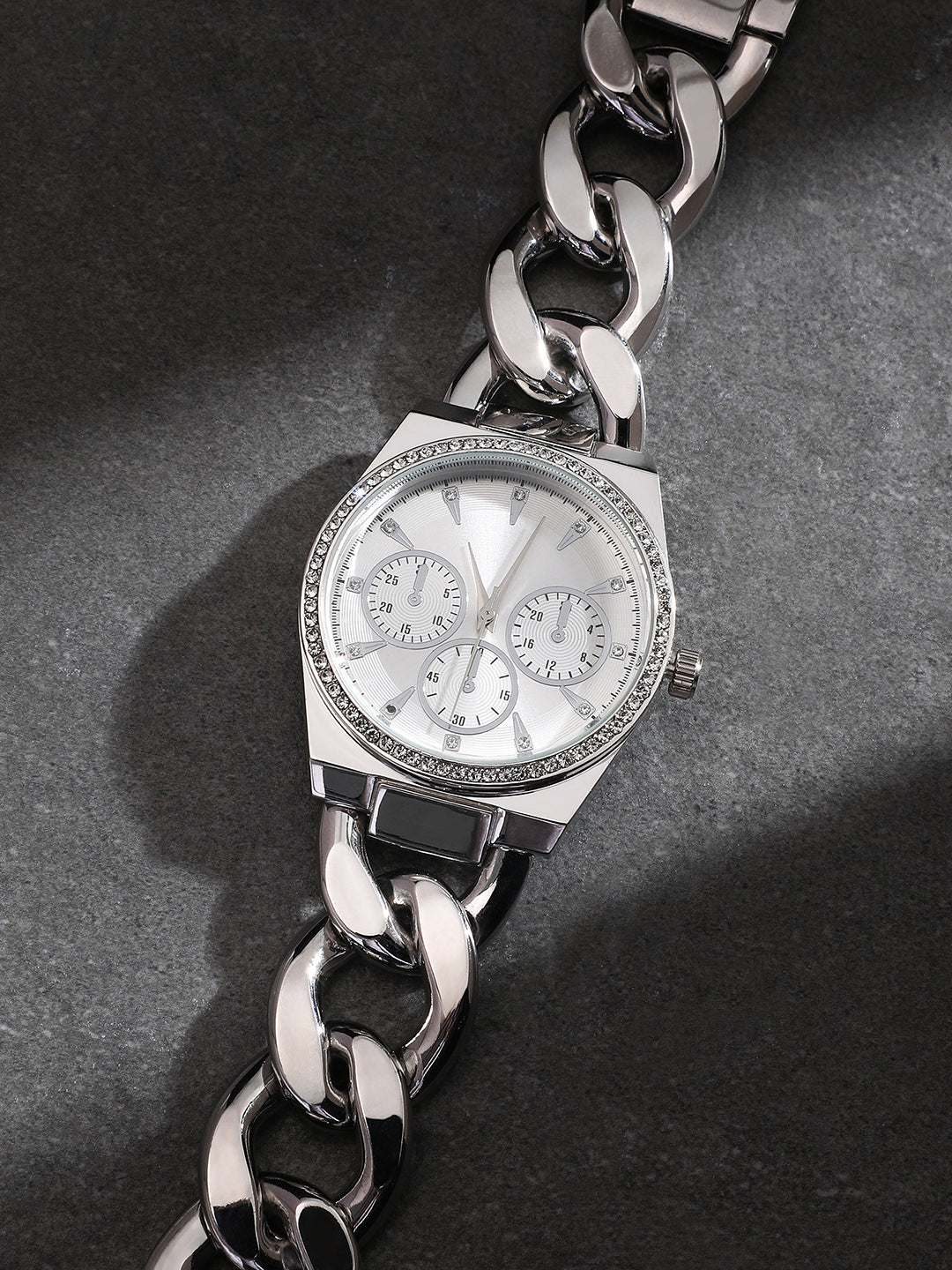 The Three-Dial Chunkylink Cushion Watch - Metallic Silver