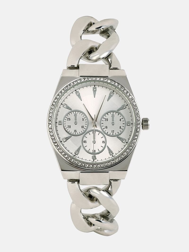 The Three-Dial Chunkylink Cushion Watch - Metallic Silver