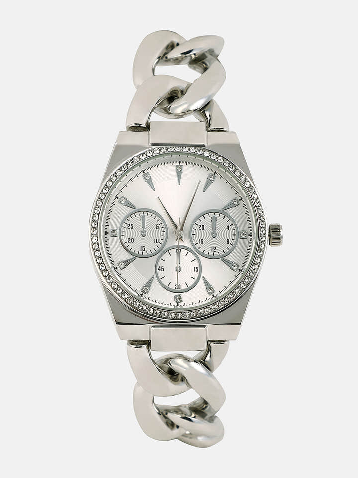 The Three-Dial Chunkylink Cushion Watch - Metallic Silver