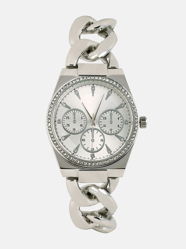 The Three-Dial Chunkylink Cushion Watch - Metallic Silver