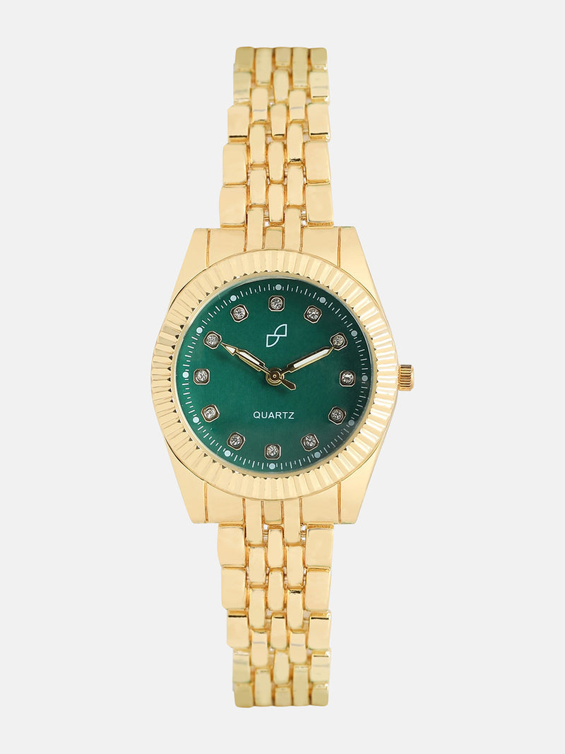 The Ribbed H-Link Round Watch - Emerald Green