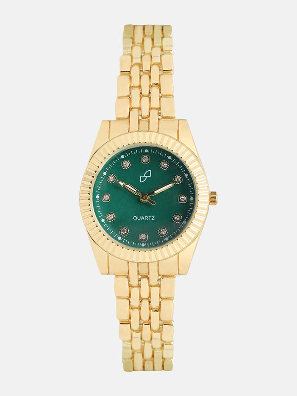 The Ribbed H-Link Round Watch - Emerald Green