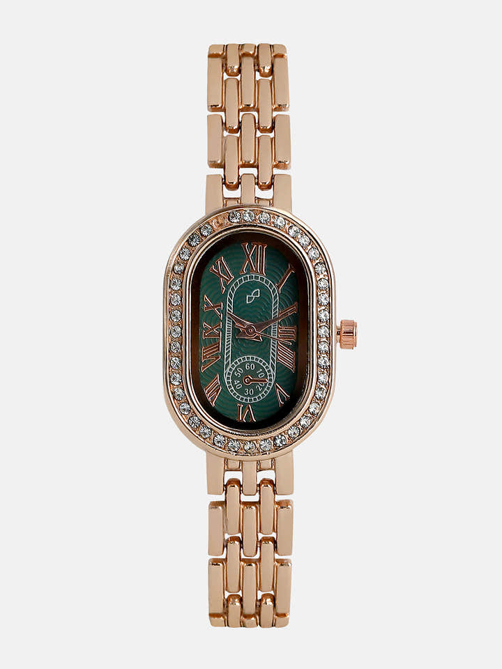 The Embellished Roman Oval Watch - Rose Gold with Green Dial