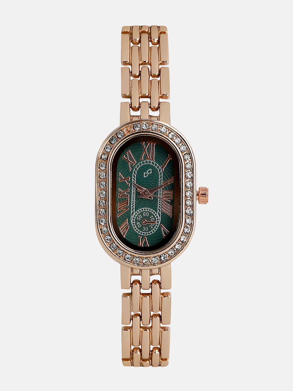 The Embellished Roman Oval Watch - Rose Gold with Green Dial