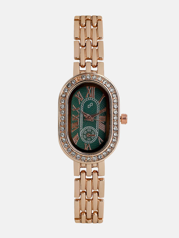 The Embellished Roman Oval Watch - Rose Gold with Green Dial
