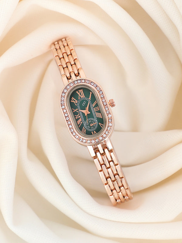 The Embellished Roman Oval Watch - Rose Gold with Green Dial