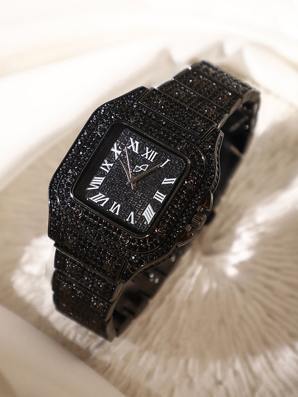 Haute Sauce HSWC1274 Bijou Roman Square Watch for Women in Midnight Black.