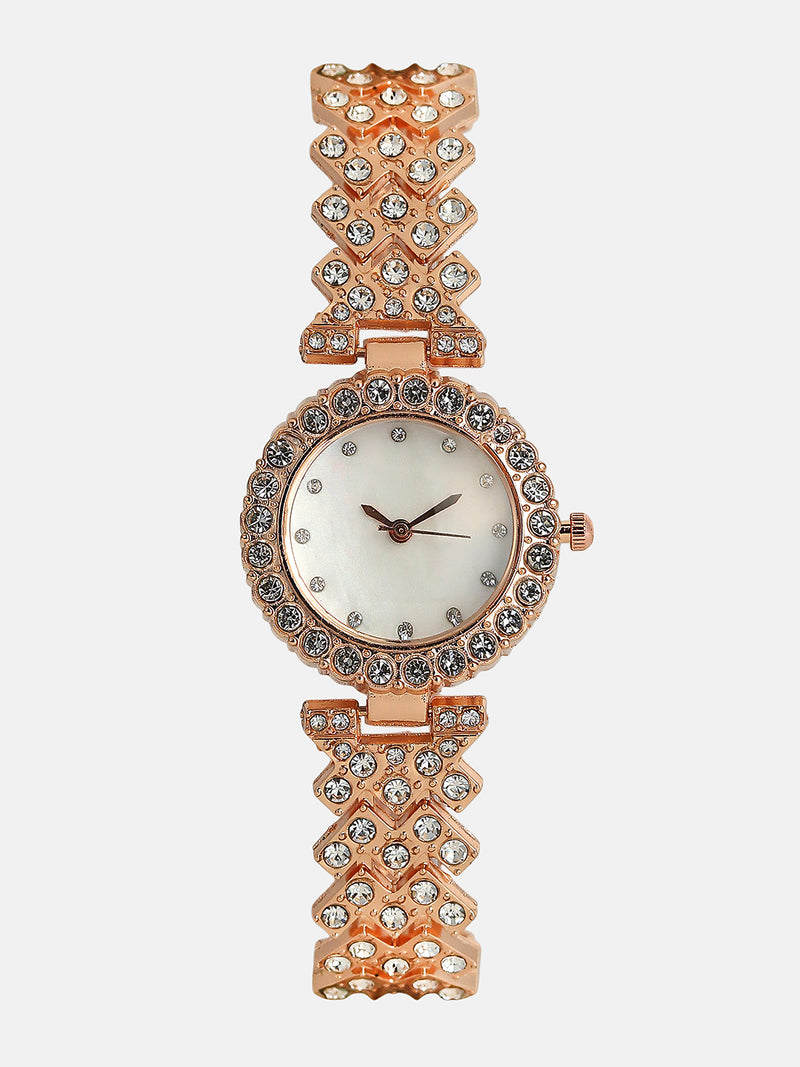Embellished Round Watch - Rose Gold