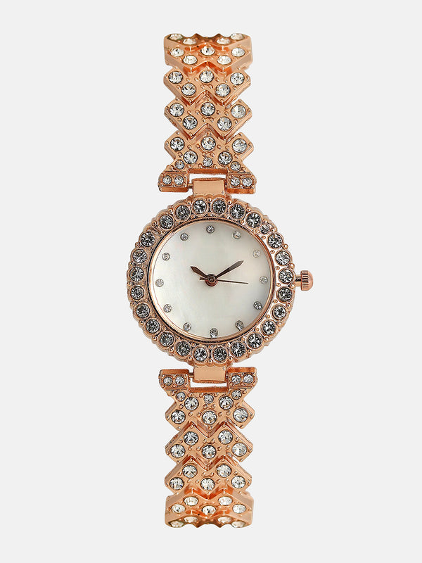 Embellished Round Watch - Rose Gold