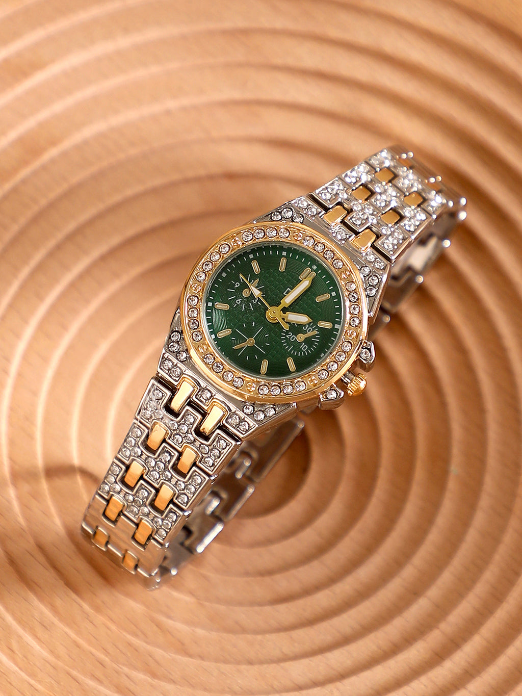 The Geneva H-Link Round Watch - Metallic Silver & Emerald Green