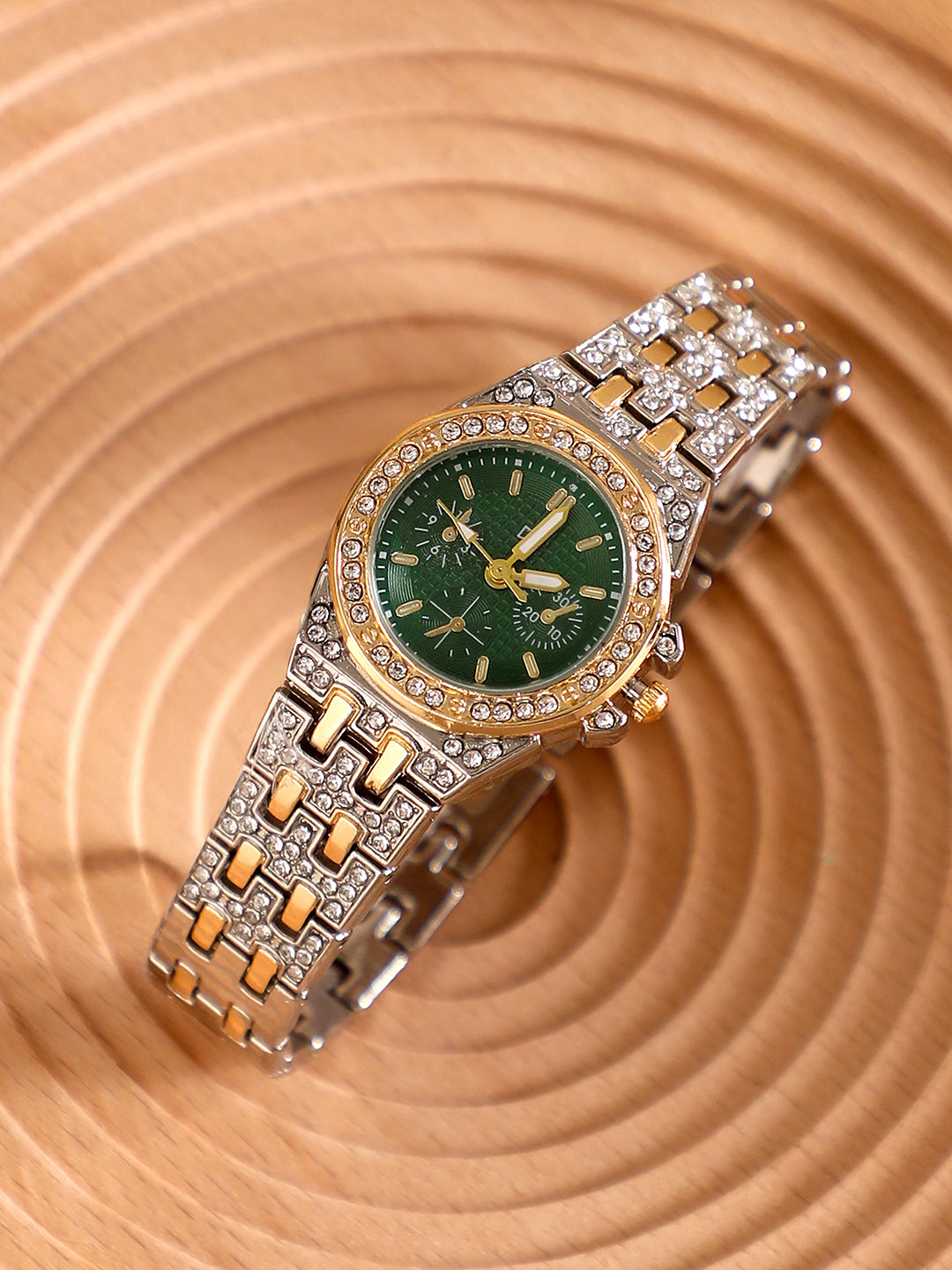 The Geneva H-Link Round Watch - Metallic Silver & Emerald Green