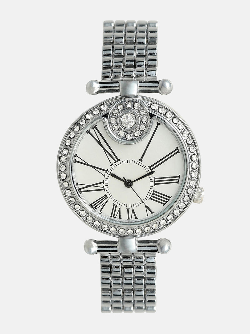 The Opulent Roman Round Watch - Metallic Silver