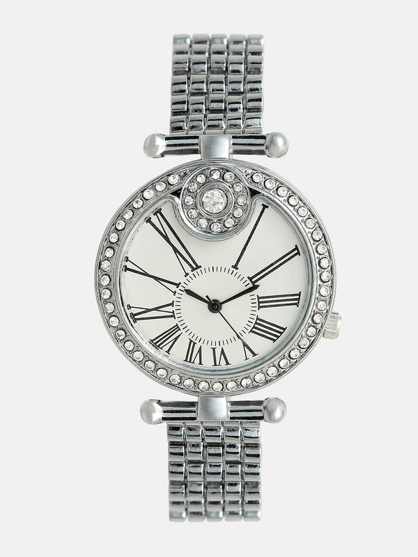 The Opulent Roman Round Watch - Metallic Silver