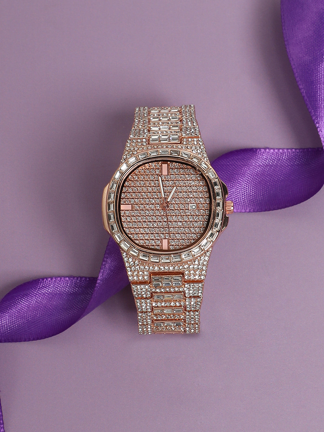 Embellished Round Watch - Rose Gold