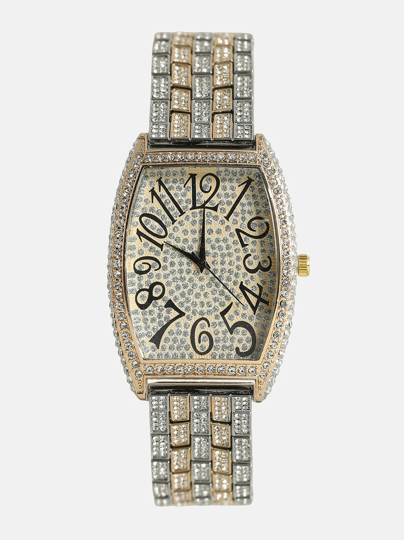 Women's Oblong Dial Watch With Chain Strap - Silver & Gold