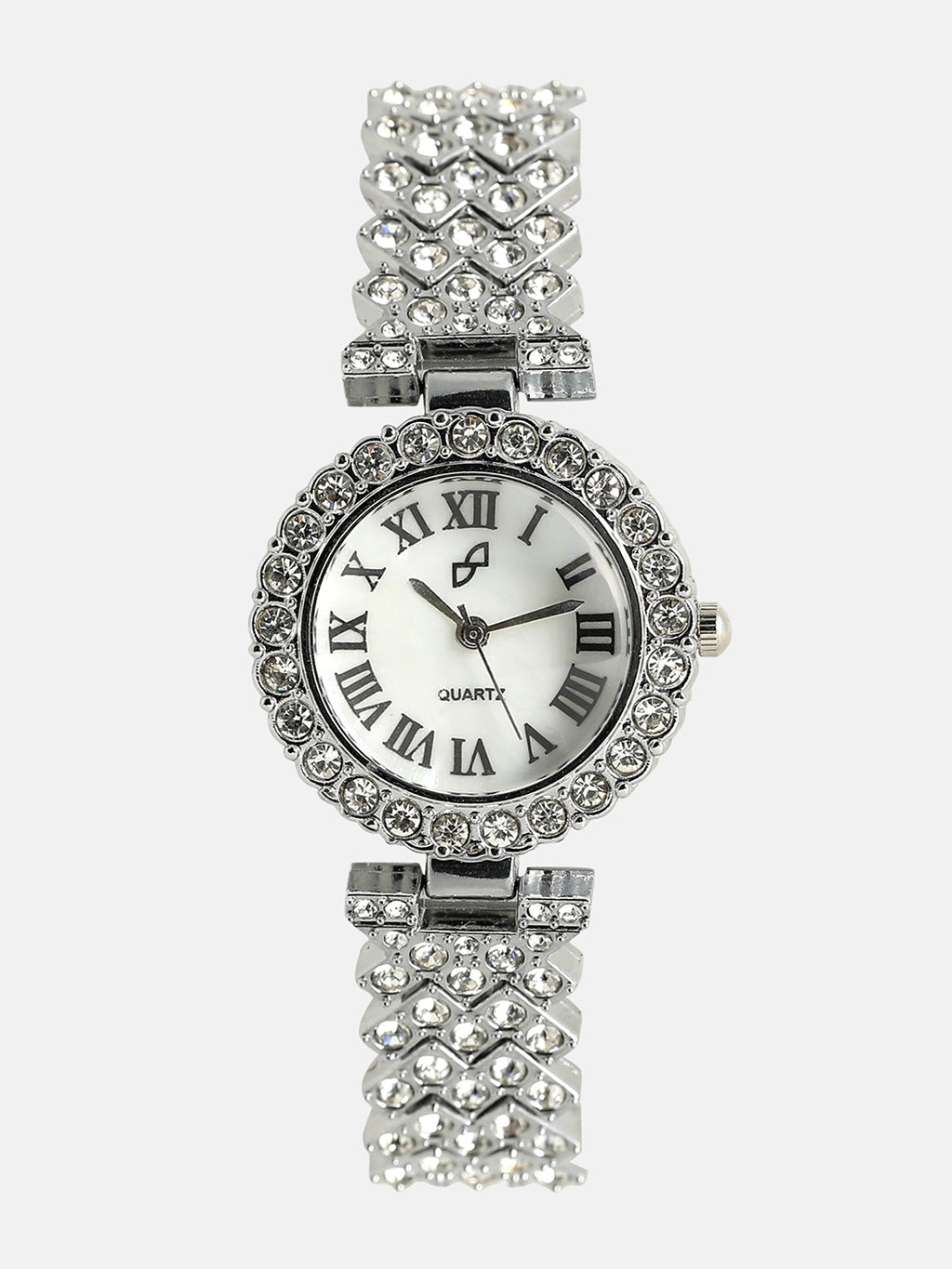 White Crystal Stones Analog Round Dial With Silver Crystal Stone Metal Strap