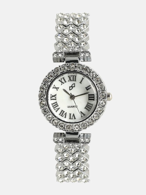 White Crystal Stones Analog Round Dial With Silver Crystal Stone Metal Strap