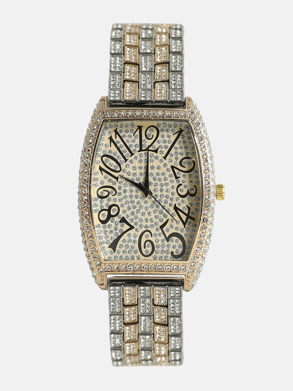 Women's Oblong Dial Watch With Chain Strap - Silver & Gold