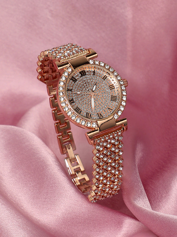 Embellished Round Watch - Rose Gold