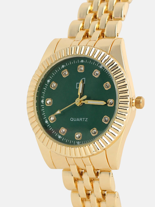 The Slim Ribbed H-Link Round Watch - Emerald Green
