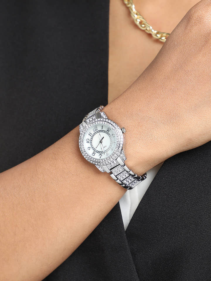 Embellished Round Watch - Silver