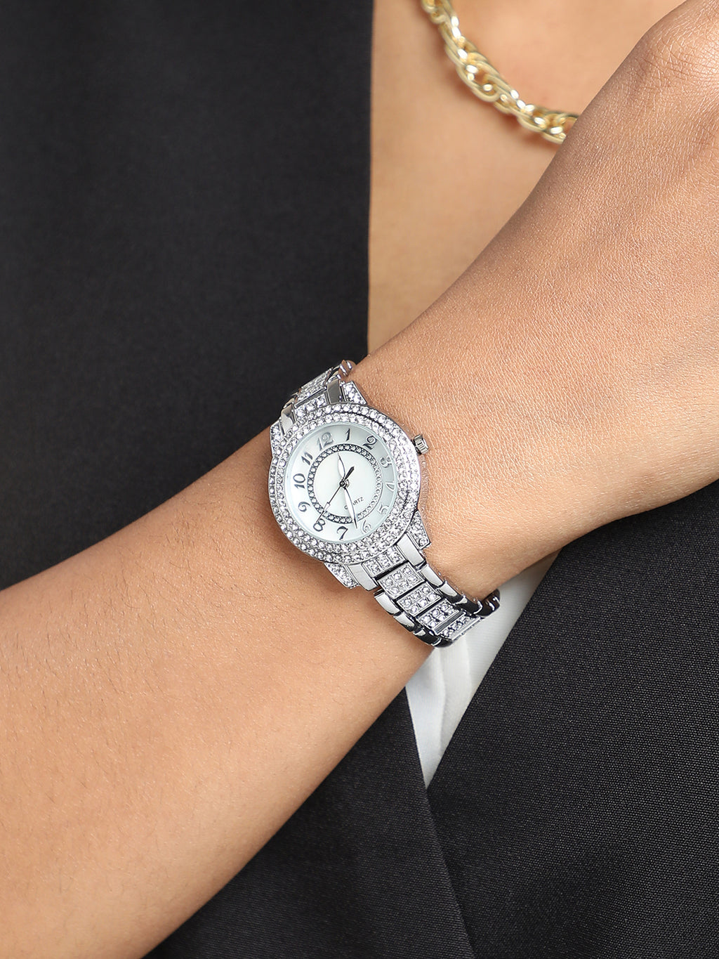 Embellished Round Watch - Silver