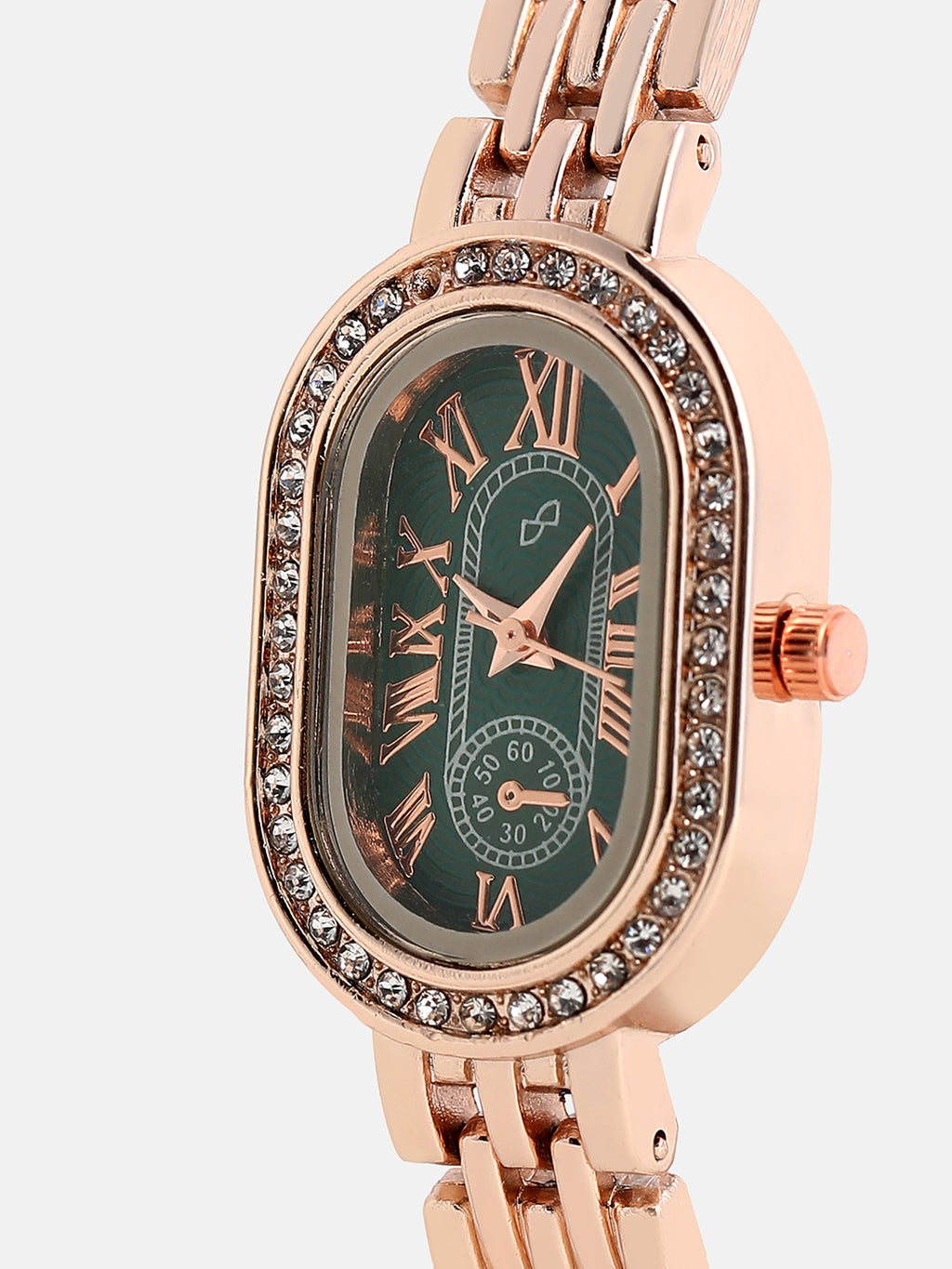 The Embellished Roman Oval Watch - Rose Gold with Green Dial