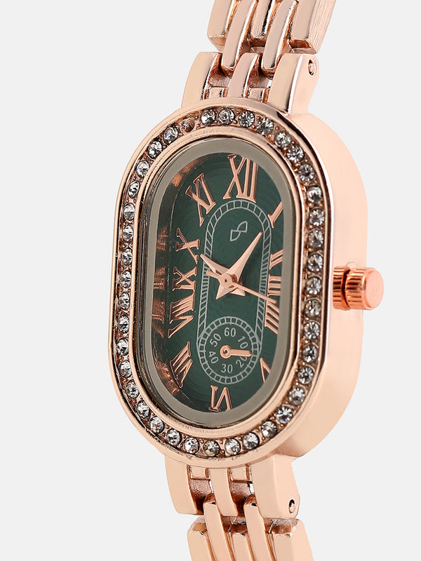 The Embellished Roman Oval Watch - Rose Gold with Green Dial