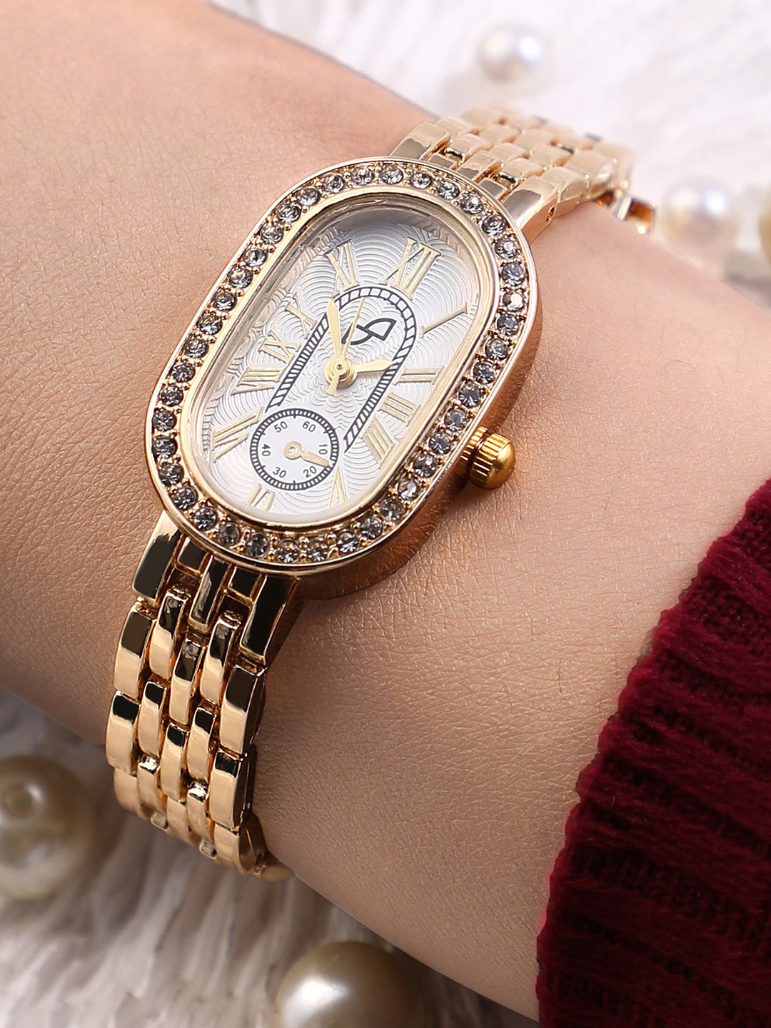 The Embellished Roman Oval Watch - Ivory White