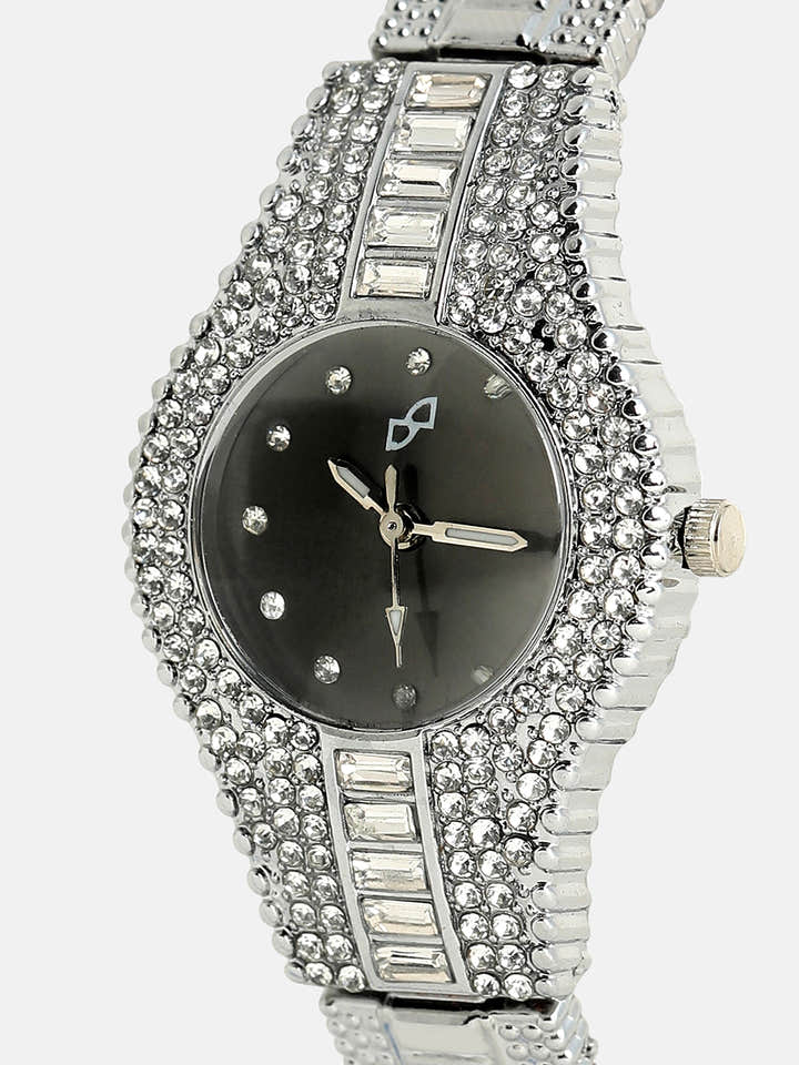 The Embellished Round Watch - Onyx Black
